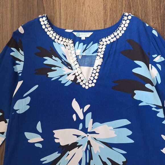 💙 Escapada Living Soft Floral Tunic Blouse Mother of Pearl Detail Size L 100% R - Picture 3 of 10